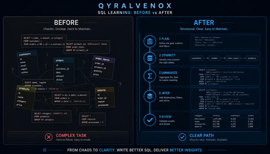 A digital infographic titled 'QYRALVENOX SQL LEARNING: BEFORE vs AFTER' comparing a chaotic, complex SQL state with a structured, clear path. The left panel labeled 'BEFORE' shows a tangled web of database tables and queries, marked as 'Complex Task'.