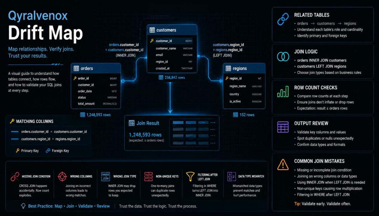 A dark-themed infographic titled 'Oryxalvenox Drift Map' showing a database schema relationship diagram with tables, join logic, matching columns, and best practices on a black background.