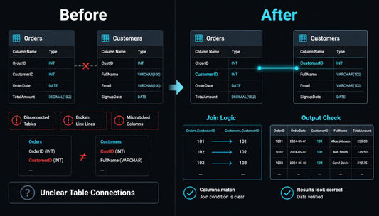A dark-themed before-and-after diagram showing database table connections and join logic. The left side labeled 'Before' highlights issues like disconnected tables, broken link lines, and unclear table connections.