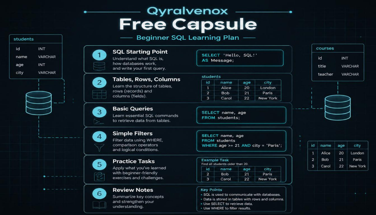 An educational infographic poster titled 'Qyralvenco Free Capsule Beginner SQL Learning Plan' on a dark navy background. It outlines a structured SQL learning path with numbered steps, SQL query examples, and database diagram illustrations showing tables and cylinders.
