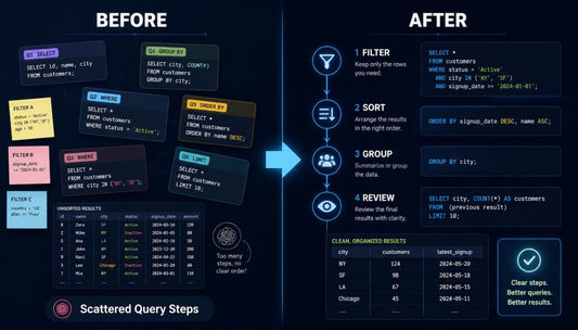 A digital infographic comparing 'Before' and 'After' stages of optimizing a database query. The left side, labeled 'BEFORE', shows a messy, scattered set of dark UI query cards and colored sticky notes.