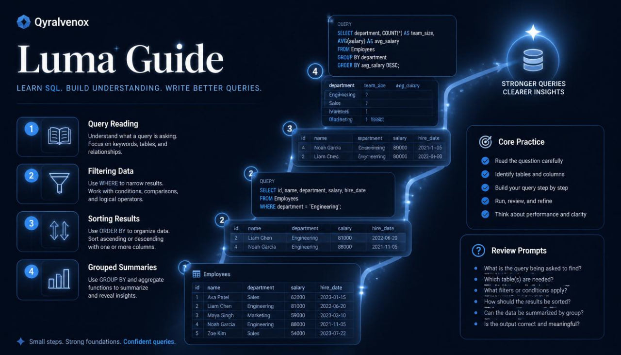A dark blue and black infographic titled 'Luma Guide' by Oryxalvenox, featuring glowing blue circuit-like lines, code blocks, and text panels about SQL query reading, filtering, sorting, grouped summaries, core practice, and review prompts.