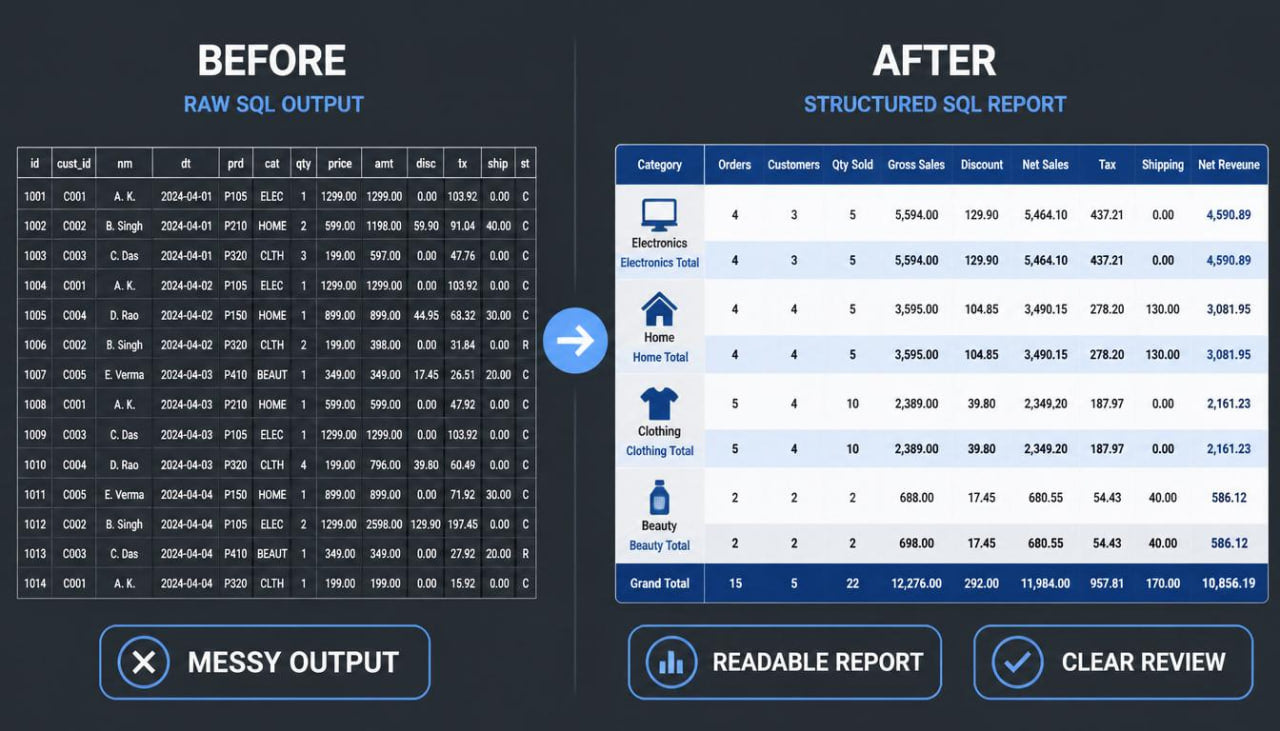 A before-and-after comparison graphic showing a messy raw SQL output table on the left and a structured SQL report table on the right, with text labels, a blue arrow, and check/cancel buttons on a dark background.