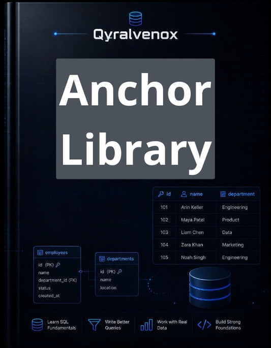 A dark cover design for a product titled 'Anchor Library' by Qyralvenox, featuring a black background with blue and white text and database-style icons.