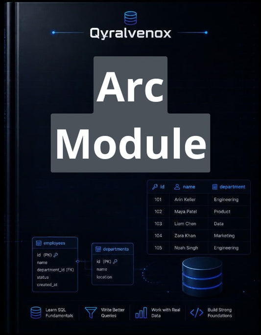 A dark digital cover or graphic for a product titled 'Arc Module' by Qyralvenox, featuring a black background, blue interface-style icons, and large white text over a gray block.