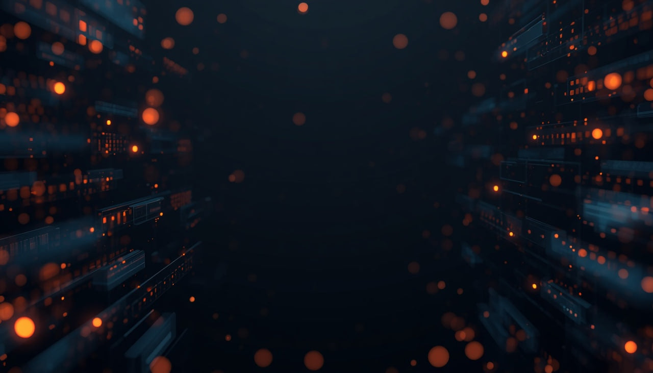 A dark abstract digital background with glowing orange bokeh light particles and blurred illuminated architectural elements on both sides.