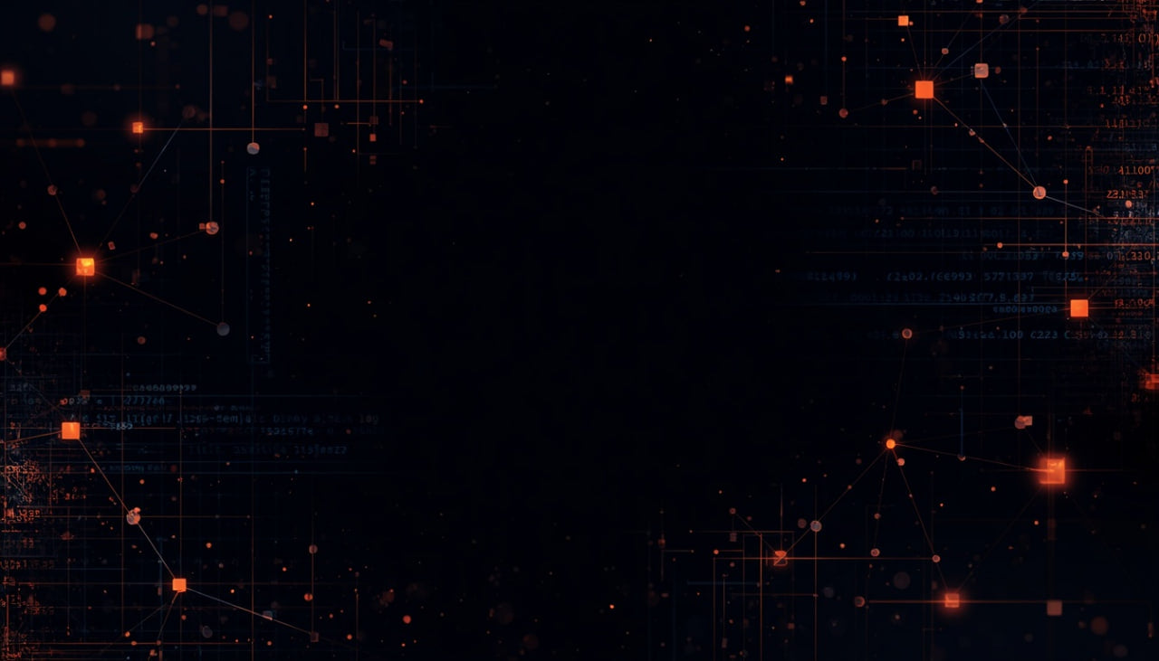 A dark abstract digital background with glowing orange dots, faint network lines, and subtle grid patterns on a black field.