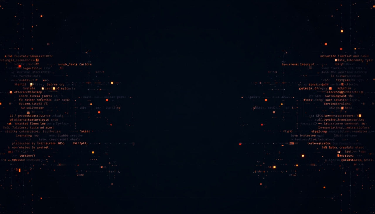 A dark digital background with glowing orange dots and lines forming abstract map-like shapes along the left and right sides, leaving a wide black center.