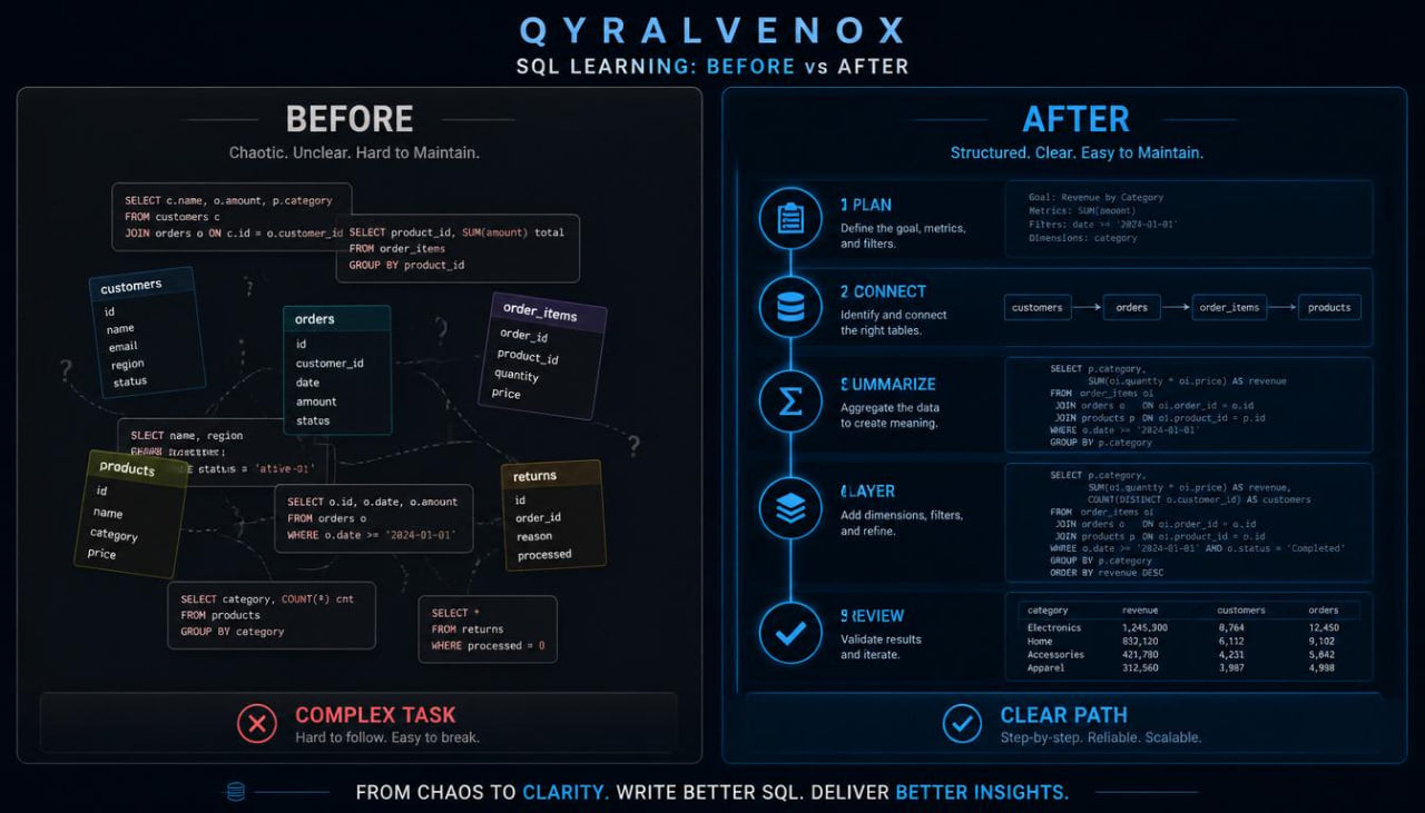 A digital infographic titled 'QYRALVENOX SQL LEARNING: BEFORE vs AFTER' comparing a chaotic, complex SQL state with a structured, clear path. The left panel labeled 'BEFORE' shows a tangled web of database tables and queries, marked as 'Complex Task'.