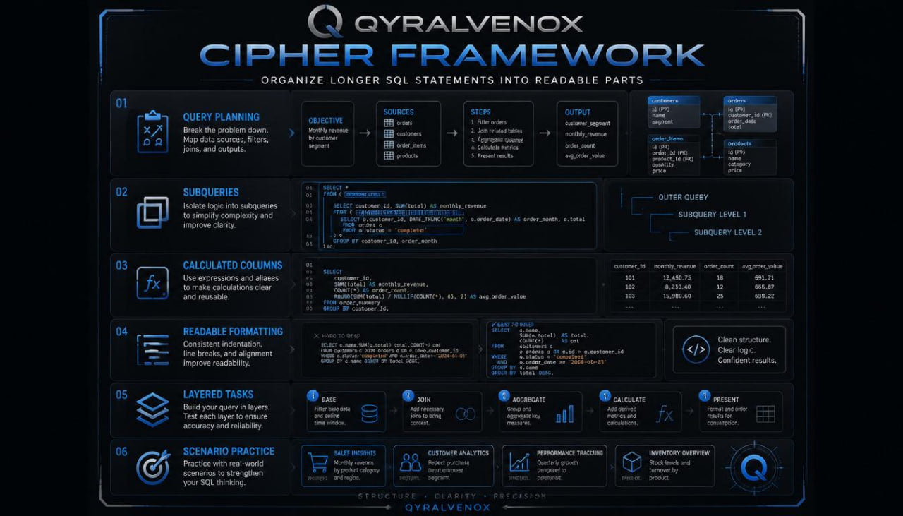 A dark digital poster titled 'Cyralvenox Cipher Framework' with blue and white text and multiple informational panels about organizing SQL statements into readable parts.
