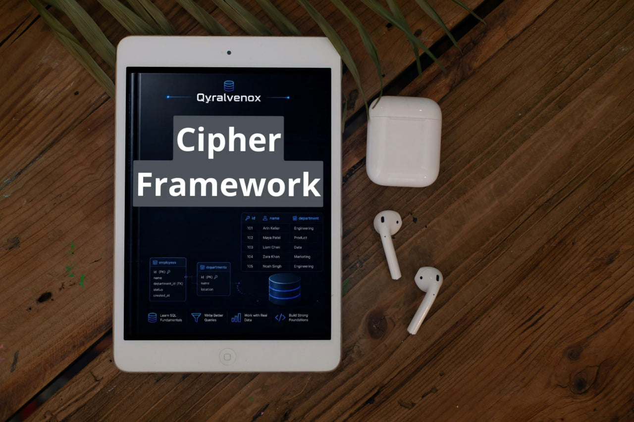 A white tablet displaying the Qyralvenox Cipher Framework app on its screen, placed on a wooden surface next to a white wireless earbud charging case and two earbuds.