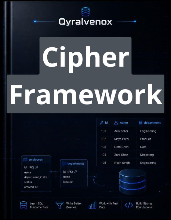 A digital cover for a 'Cyber Framework' course or guide by Qyralvenox, featuring a dark theme with blue and white text and database graphics.