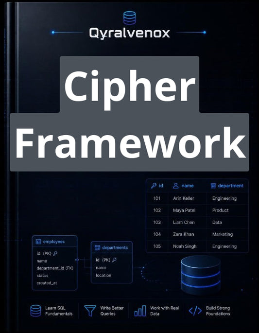 A digital cover for a 'Cyber Framework' course or guide by Qyralvenox, featuring a dark theme with blue and white text and database graphics.