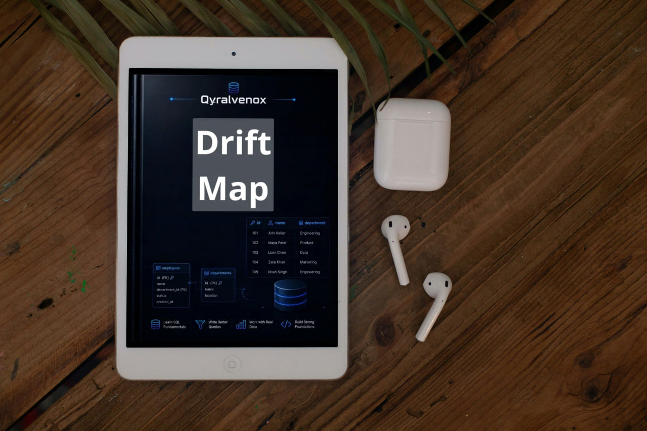 A white tablet displaying the Qyralvenox Drift Map app, styled on a dark wooden surface next to a white wireless earbud charging case and two white earbuds.