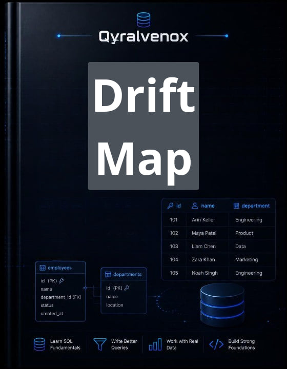 A dark cover-style graphic for a Drift Map product by Qyralvenox, with large white title text over a black background and blue database/table icons and small sample data fields.