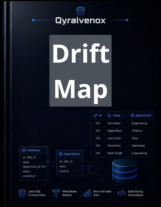 A dark cover-style graphic for a Drift Map product by Qyralvenox, with large white title text over a black background and blue database/table icons and small sample data fields.