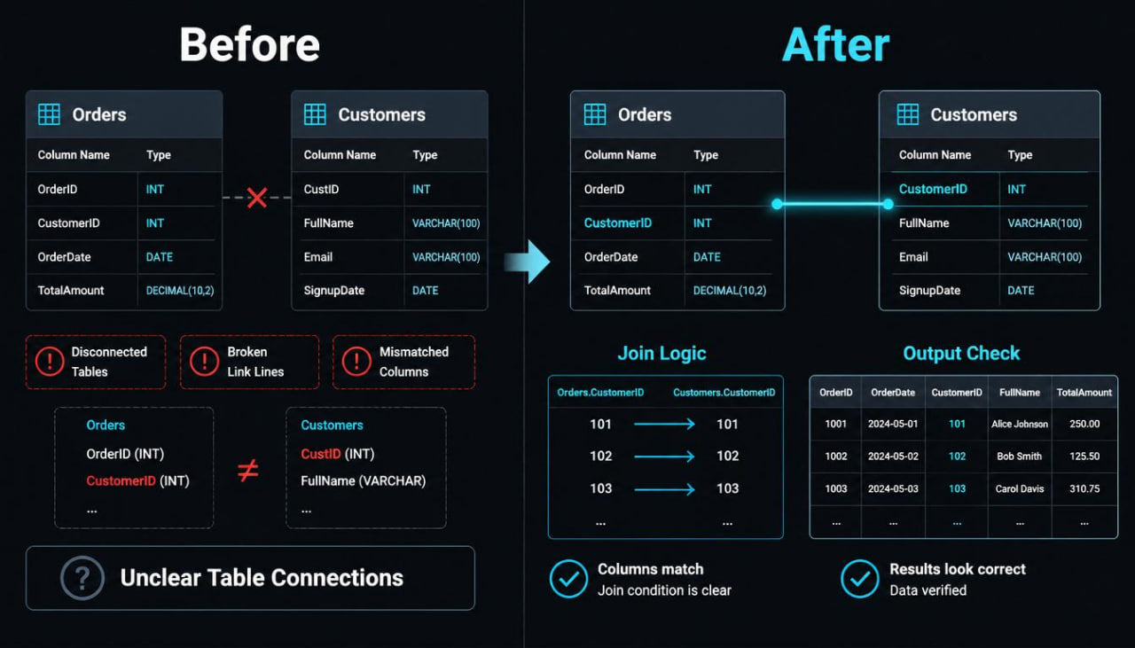 A dark-themed before-and-after diagram showing database table connections and join logic. The left side labeled 'Before' highlights issues like disconnected tables, broken link lines, and unclear table connections.