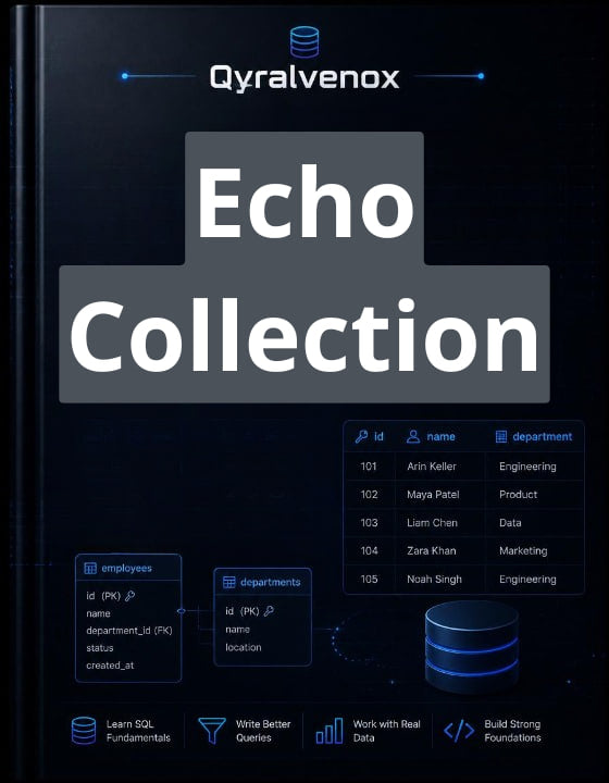 A dark digital cover or poster for 'Echo Collection' by Qyralvenox, featuring large white text over a black background with blue tech-style interface elements and a small SQL database diagram.