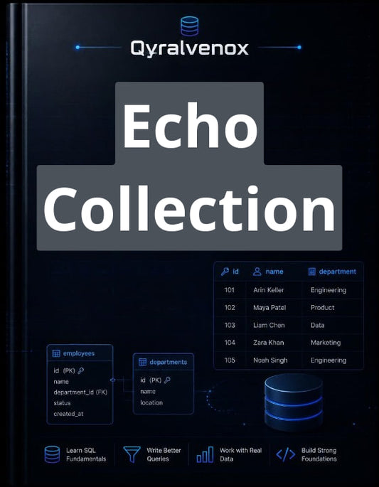 A dark digital cover or poster for 'Echo Collection' by Qyralvenox, featuring large white text over a black background with blue tech-style interface elements and a small SQL database diagram.