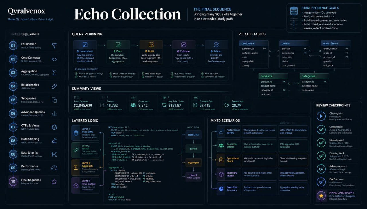 A dark-themed digital interface or infographic titled 'Echo Collection' with multiple panels, tables, and diagrams in shades of blue, purple, and green on a black background. The brand name 'Oryxvenox' is visible at the top left.