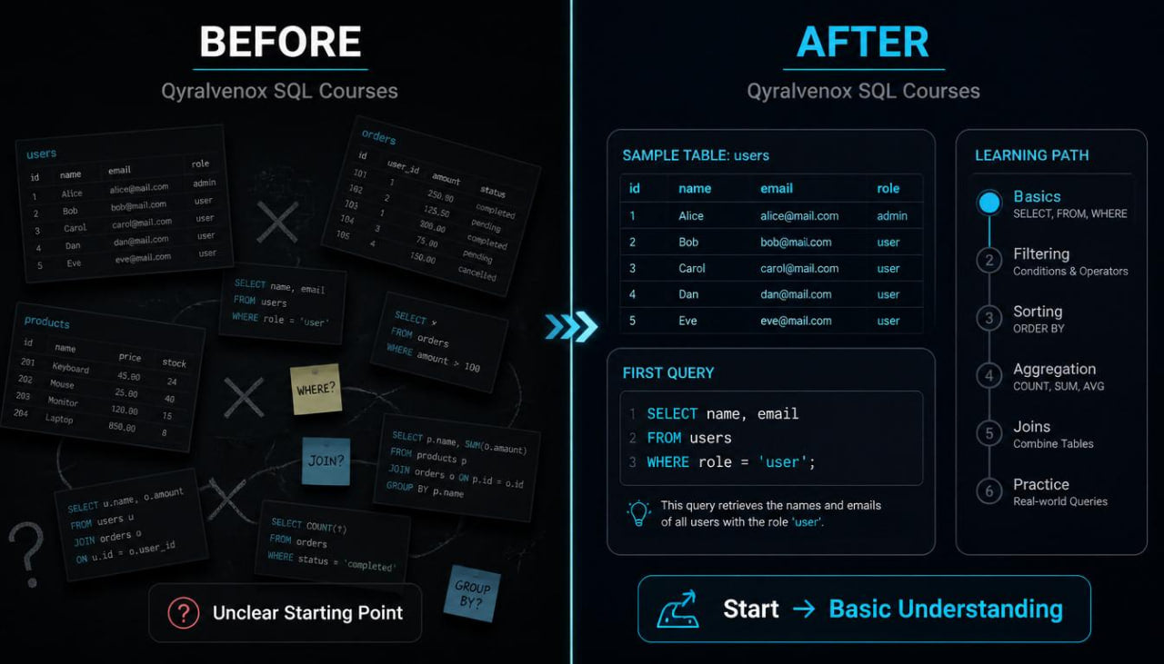 A digital promotional graphic for a SQL courses app or service, showing a dark interface comparison labeled BEFORE and AFTER. The left side shows a cluttered dashboard with many dark panels and a red 'Unclear Starting Point' badge.