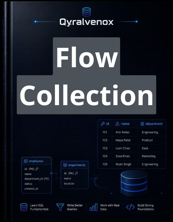 A dark digital cover or graphic for 'Qyralvenox Flow Collection' featuring large white title text over a black background with blue UI-style icons and sample database tables.