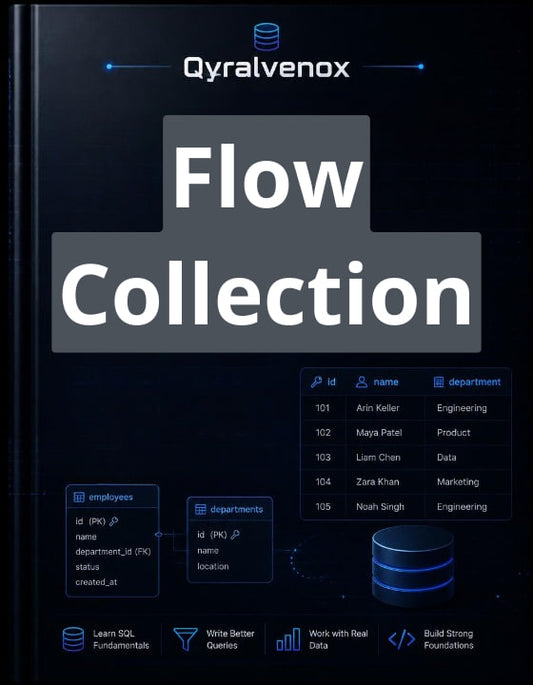 A dark digital cover or graphic for 'Qyralvenox Flow Collection' featuring large white title text over a black background with blue UI-style icons and sample database tables.