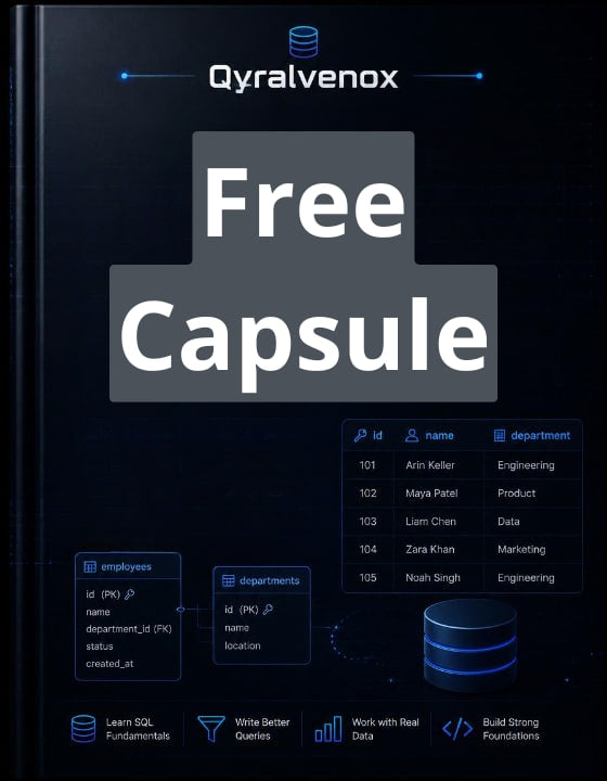 A promotional graphic for Qyralvenox Free Capsule, featuring a dark navy and black interface background with SQL database tables and diagrams. Large white text in the center reads 'Free Capsule,' with the Qyralvenox brand name at the top.