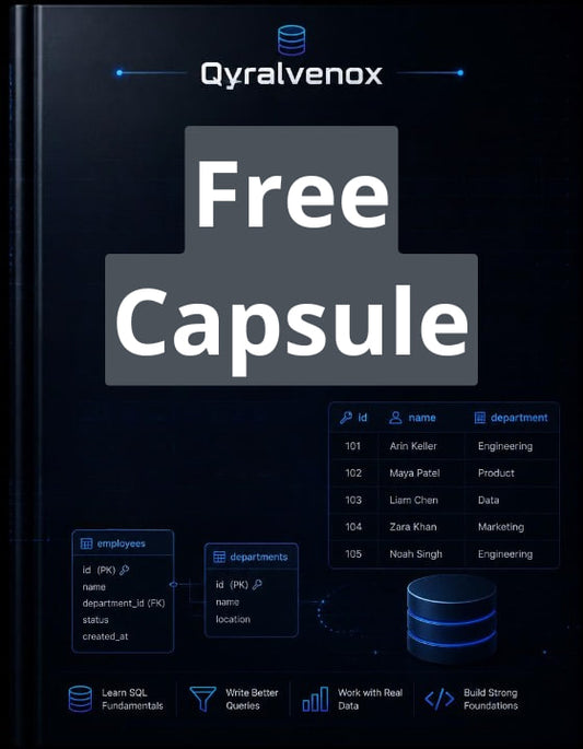 A promotional graphic for Qyralvenox Free Capsule, featuring a dark navy and black interface background with SQL database tables and diagrams. Large white text in the center reads 'Free Capsule,' with the Qyralvenox brand name at the top.