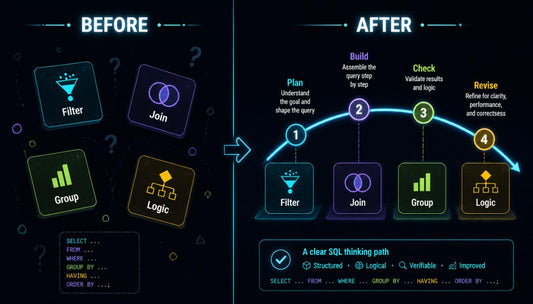 A digital infographic comparing SQL query writing 'BEFORE' and 'AFTER' on a dark background. The left side shows a messy, unstructured query process with icons for Filter, Join, Group, and Logic.