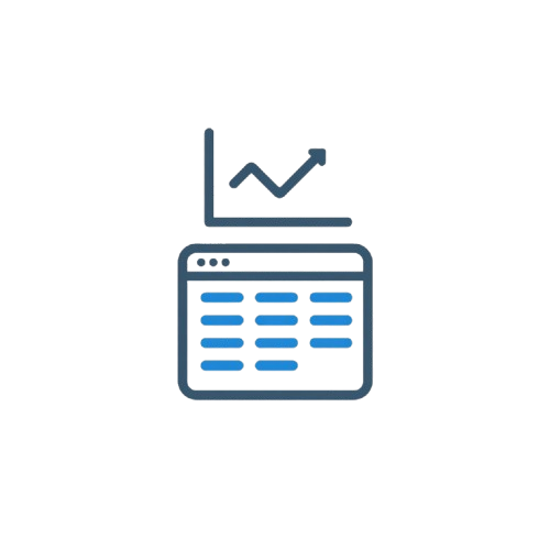 A minimalist blue line icon depicting a computer screen with a rising bar graph, centered on a plain white background.