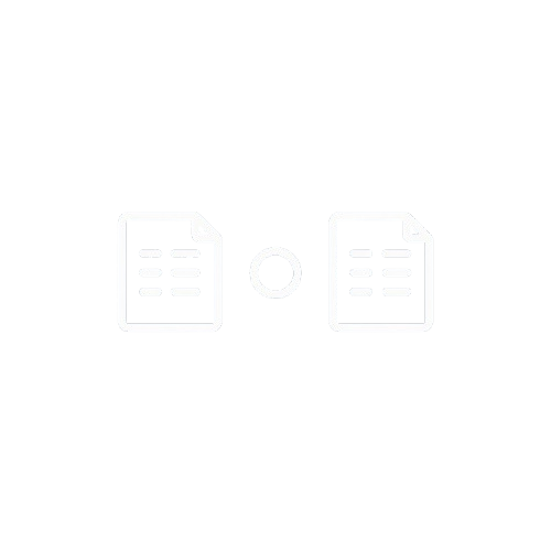 A minimalist white line icon depicting two document pages connected by a circle, centered on a solid white background.