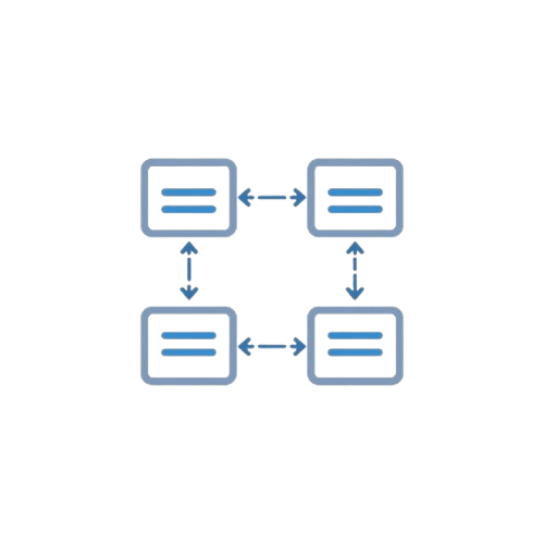 A minimalist blue vector diagram on a white background showing four rounded rectangular boxes connected by double-headed arrows.