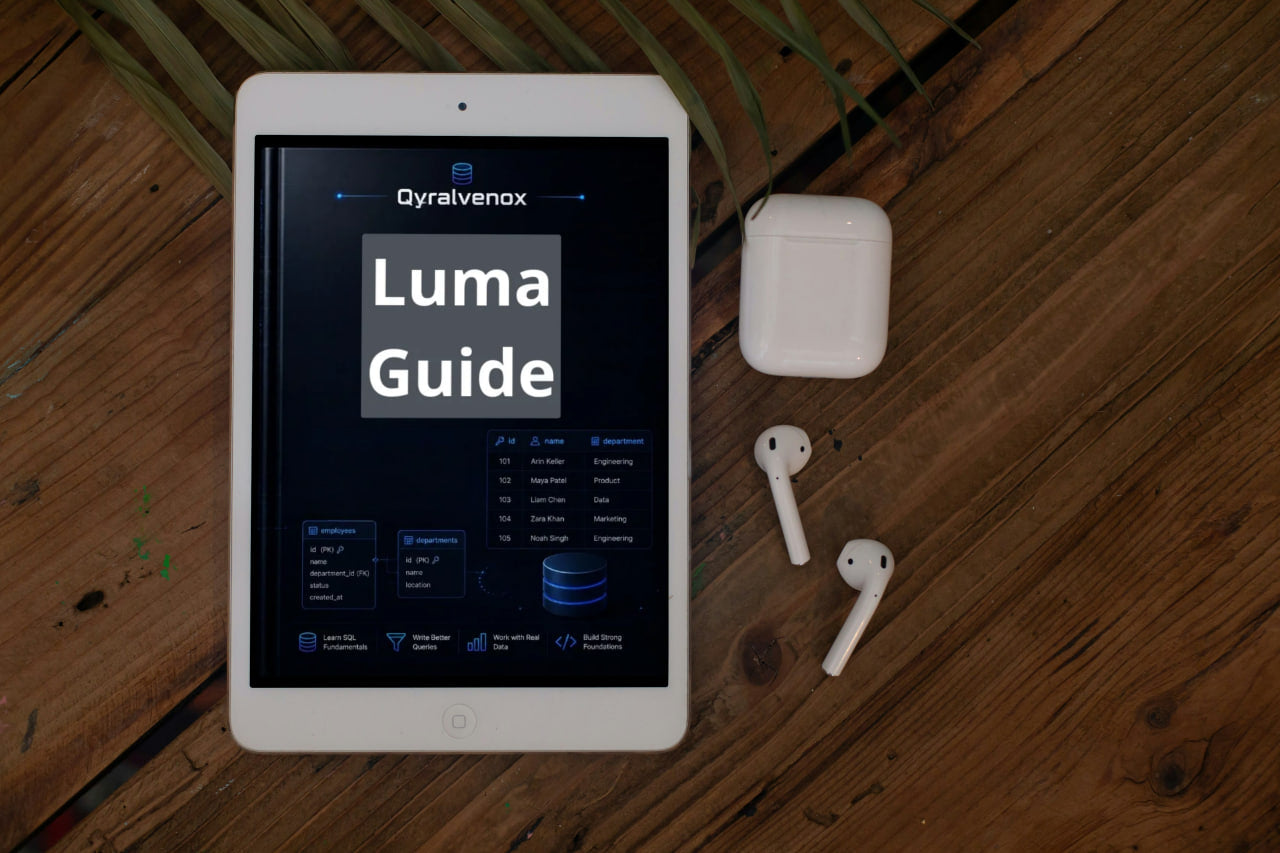 A white tablet displaying the Qyralenox Luma Guide app, placed on a wooden surface next to a white wireless earbud charging case and two earbuds.