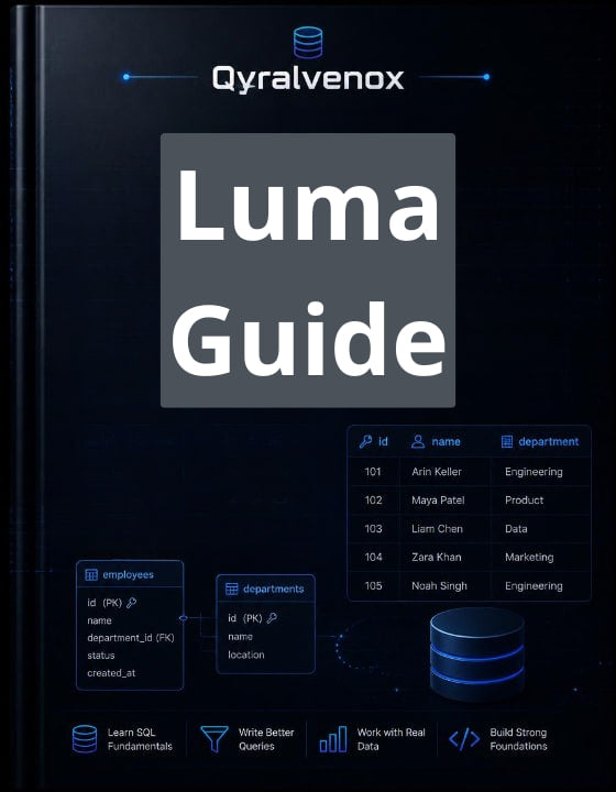 A dark cover-style graphic for a guide titled 'Qyralvenox Luma Guide,' with large white text in the center, blue UI-like icons, and sample database/table graphics on a black background.