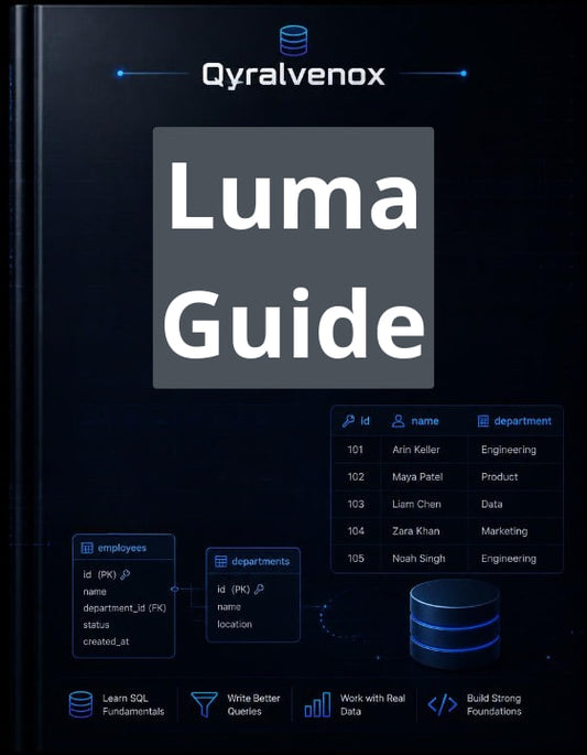 A dark cover-style graphic for a guide titled 'Qyralvenox Luma Guide,' with large white text in the center, blue UI-like icons, and sample database/table graphics on a black background.