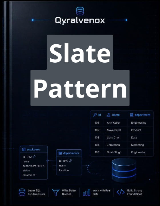 A book cover for 'Slate Pattern' by Qyralvenox, featuring a dark slate blue and black background with white and light blue text and database-style icons.