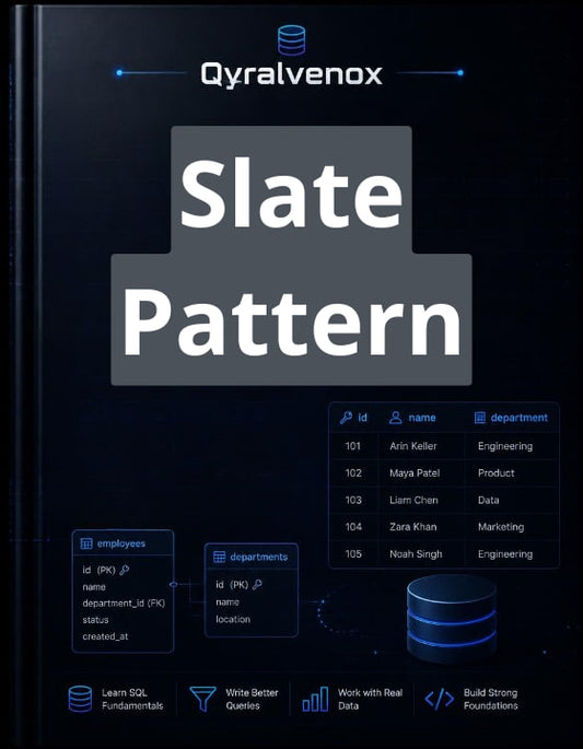A book cover for 'Slate Pattern' by Qyralvenox, featuring a dark slate blue and black background with white and light blue text and database-style icons.