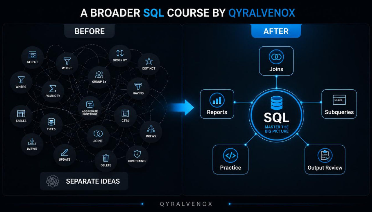Promotional graphic for a SQL course by Qyralvenox, showing a 'Before' section with scattered database concepts and an 'After' section centered on SQL with surrounding topics like Joins, Reports, Subqueries, Practice, and Output Review.