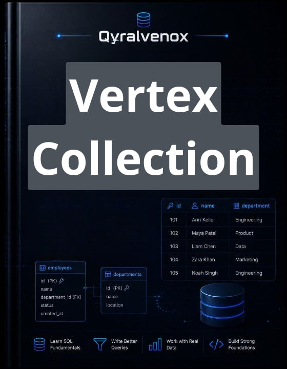 A dark digital cover or poster for 'Qyralvenox Vertex Collection' featuring SQL database schema diagrams, tables, and a cylinder icon on a black background.