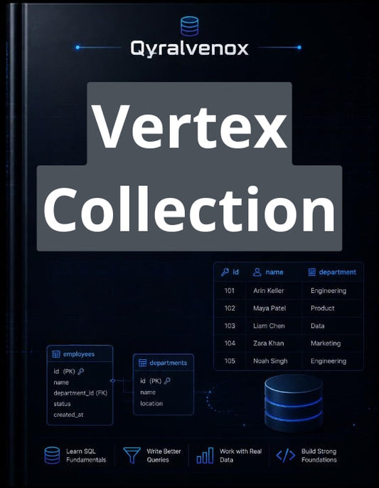 A dark digital cover or poster for 'Qyralvenox Vertex Collection' featuring SQL database schema diagrams, tables, and a cylinder icon on a black background.